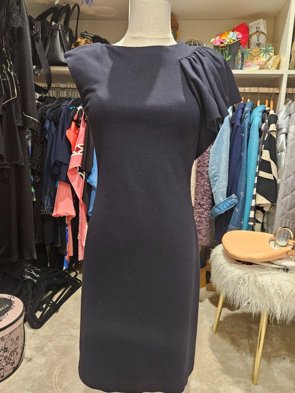 RARE! Milly one shoulder ponte navy dress.  Beautiful, elegant, flattering.